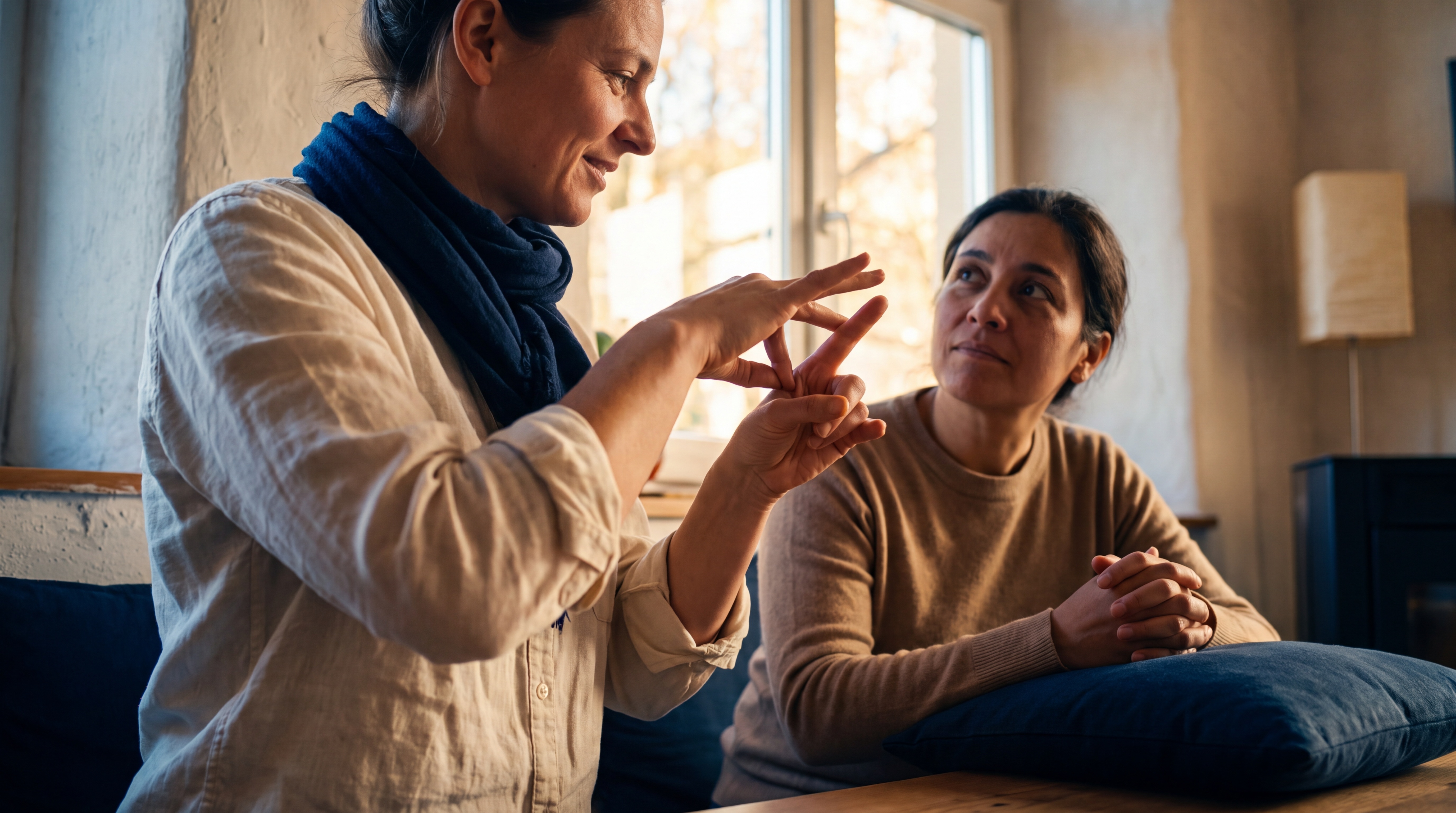 Une formatrice signe face à une apprenante assise en face d'elle
